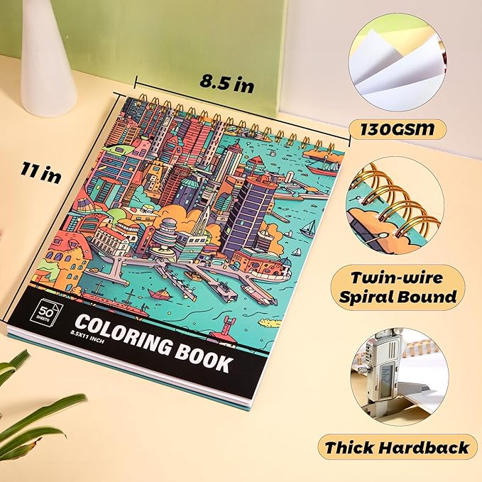 Architecture Coloring Book for Adults 41 Unique Single Sided Patterns and 9 Blank Pages with 12 Colored Pencils Set 130GSM Thick Paper Stress Relief & Mindfulness Gift for Women Men, 8.5 X 11in