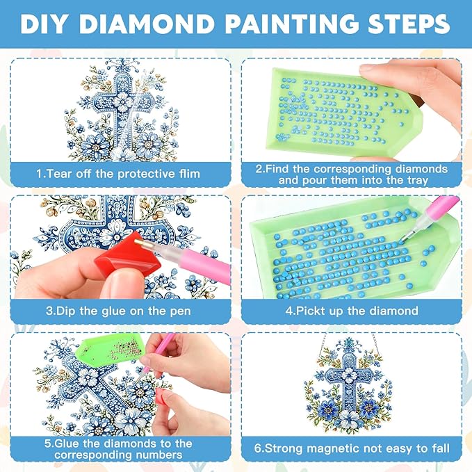 NAIMOER Cross Flowers Diamond Art Hanging Kits for Adults, 5D Special Shaped Rhinestone, DIY Acrylic Spring Diamond Art Painting Window Pendants Home Garden Wall Hanging Ornament Kits, Double Sided
