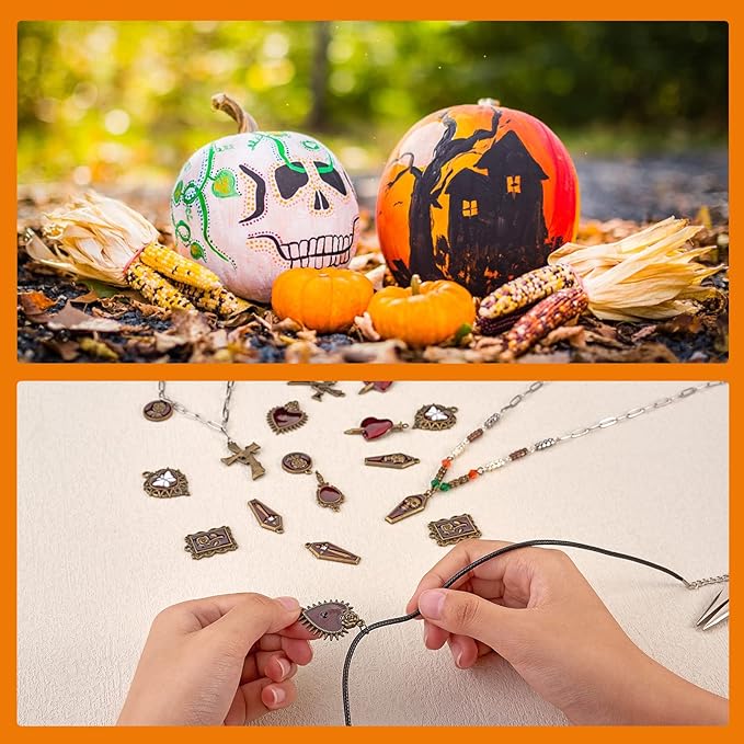 WEWAYSMILE 18Pcs Halloween Charm Pendant & Earring Making Kit - Skull, Heart, Cross Jewelry DIY Necklace, Bracelet, Earring Accessories