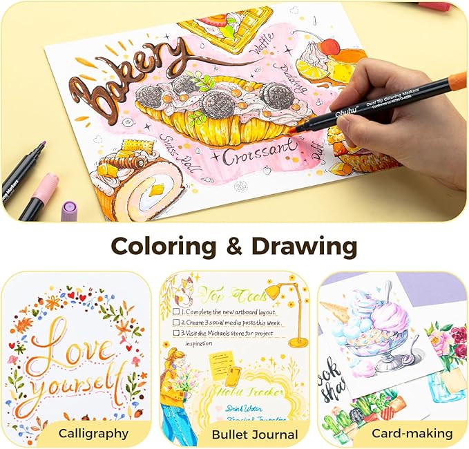 Ohuhu Markers Brush Tip 80-colors with 72-sheet Coloring Book - Double Tipped Markers for Adults Coloring Books - Art Marker Set Bundles with 100% Bleed-proof Pages - Fine & Brush Dual Tips