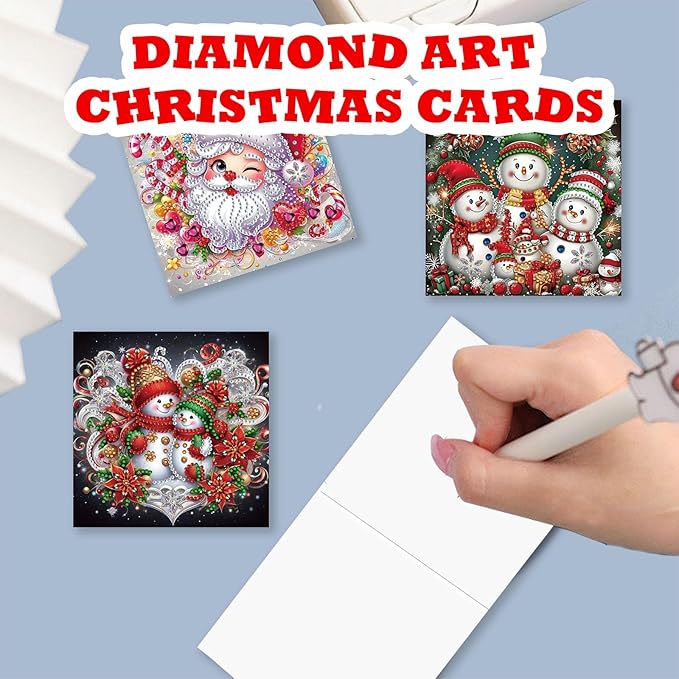 YOKUSHI 12 PCS Diamond Art Painting Christmas Greeting Cards with Envelopes, Snowman Craft DIY Card Making Kits for Adults Gifts (Red)