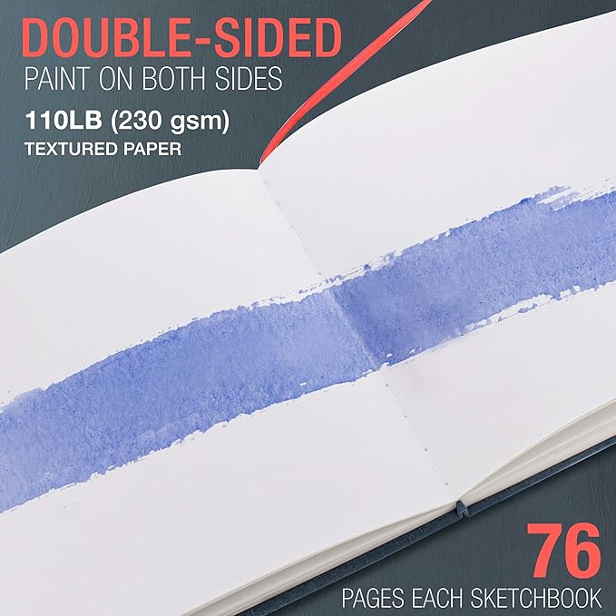 U.S. Art Supply 8.5" x 8.5" Watercolor Book (2 Pack, 76 Sheets Each) - 110lb (230 GSM) Linen-Bound Hardcover Artist Paper Pads - Acid-Free Cold-Pressed Watercolor Paper Pad Mixed Media