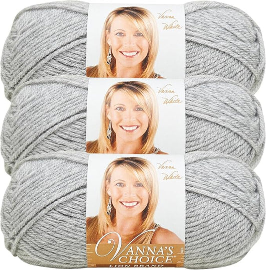 Lion Brand Yarn, Vanna's Choice Worsted Weight Yarn for Knitting, Crochet and Crafts, Silver Heather, 3 Pack, Soft Acrylic Fiber for Scarves, Hats and Blankets