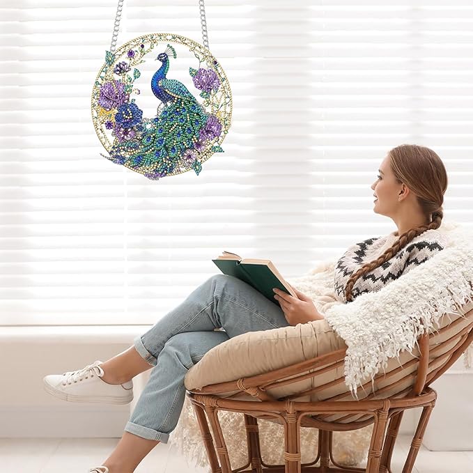 Bimkole Peacock Diamond Art Hanging Kit for Adult, DIY 5D Flower Animals Diamond Art Painting Window Pendant, Acrylic Crystal Art Hanging Ornament for Wall Home Garden Front Door Decor - 7.8x7.8 Inch