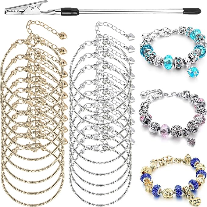 20 Piece Snake Chain Charm Bracelet with Helper, Adjustable Snake Charm Bracelet with Heart Lobster Clasp Extender Chain DIY Charm Chains for Women Christmas Gifts Jewelry Making
