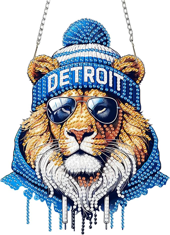 DIY Diamond Art Hanging Kit for Adult,Acrylic Diamond Art Painting Window Pendants Home Garden Wall Hanging Kits Hanging Ornament,Football Style (Detroit Blue)