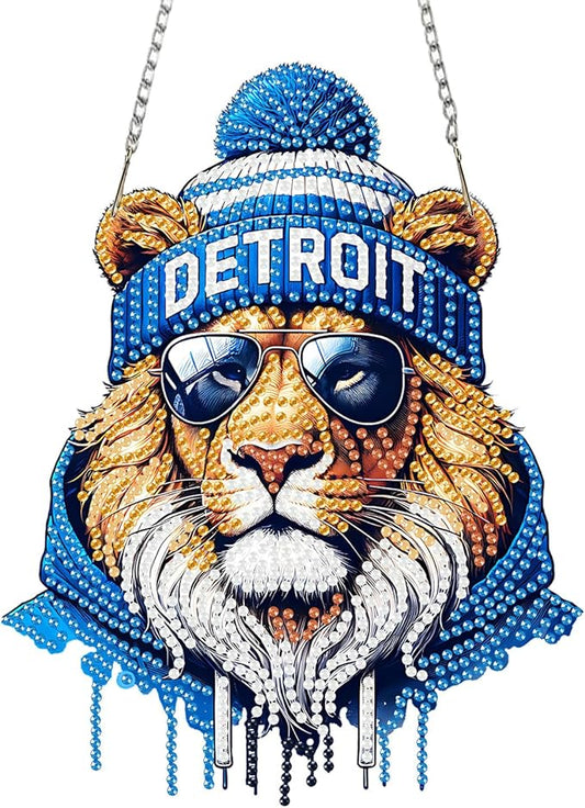 DIY Diamond Art Hanging Kit for Adult,Acrylic Diamond Art Painting Window Pendants Home Garden Wall Hanging Kits Hanging Ornament,Football Style (Detroit Blue)