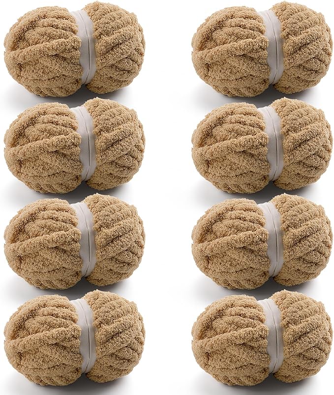 8 Pcs Chunky Yarn for Hand Knitting - Chunky Chenille Yarn for Crocheting - Fluffy Yarn for Crochet - Jumbo Yarn for Hand Knitting 28.4 yds 7.7 oz of Super Bulky Yarn (Camel Color)