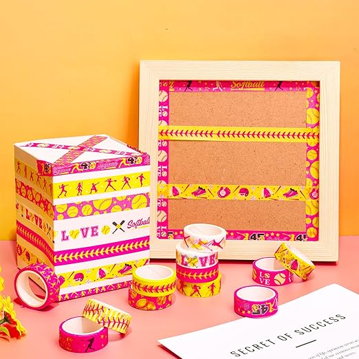 12 Rolls Softball Washi Tape Softball Birthday Party Decorations Sports Ball Masking Tape Set Pink Yellow Decorative Wrapping Paper Tapes for Scrapbook Journal DIY Art Crafts