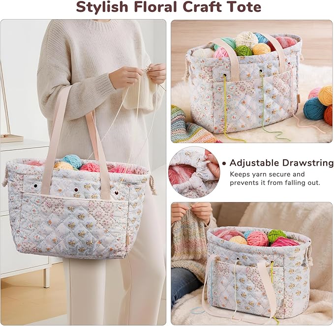 MYBAGZING Portable Crochet Bag Organizer with Crochet Hook Organizer Roll, Quilted Yarn Storage Tote with Grommets, Knitting Project Bag for Yarn & Accessories, Floral Craft Tote Gift for Crocheters