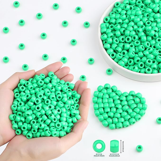 1000 Pc Boxed Light Green Pony Beads Bulk, 9MM Plastic Craft Beads with Large Hole, Green Hair Bead for Braids, Bracelet Bead for Jewelry Making