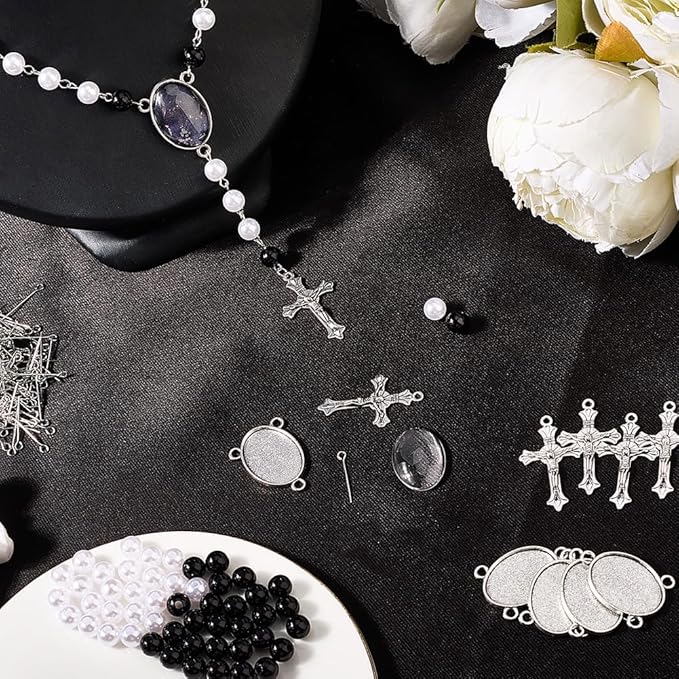 SUNNYCLUE 790Pcs DIY 6 Sets Rosary Making Kit Crucifix Charms Cross Charm Bezel Pendant Trays with Glass Dome White Imitation Pearl Beads Rosary Crosses for Women Men Memorial Gifts Holiday Supplies