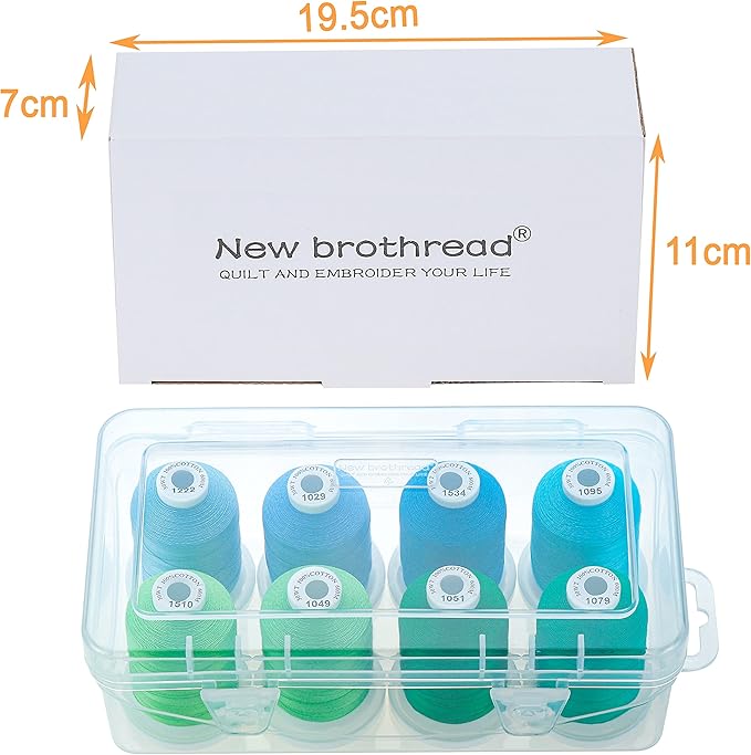 New brothread - 18 Options - Multi-Purpose 100% Mercerized Cotton Thread 50S/3 600M Each Spool for Quilting, Serger, Sewing and Embroidery - 8xParadise(Greens+Blues) with Clear Plastic Storage Box