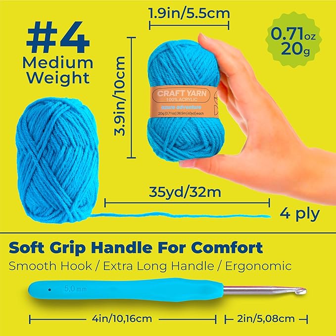 CRAFTWIZ 100% Acrylic Yarn for Crocheting and Knitting - 30x20g Skeins of #4 Worsted Weight, 1200 Yards of Soft Yarn, Perfect for Amigurumi and Other Small Crafts Projects
