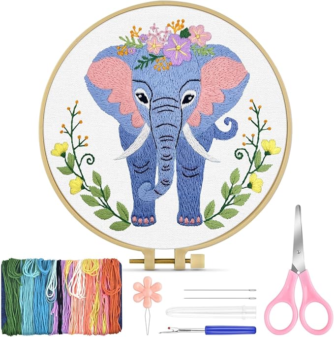 TINDTOP Embroidery Kit for Beginners Adult, Elephant Embroidery Kit for Beginners Include Embroidery Cloth Hoops Threads for Craft Lover Hand Stitch with Embroidery Skill Techniques