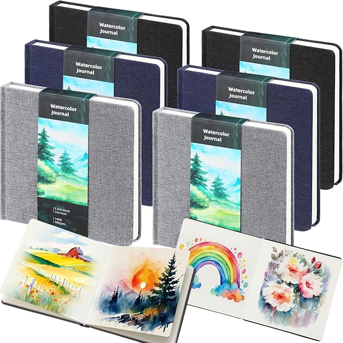 Mooliwe 6 Pcs Watercolor Sketchbook Journal Small Paper Watercolor Journal Bulk for Painting 300 GSM 140 LB Cotton Cold Press for Gifts(5.5" X 5.5",Classic Color)