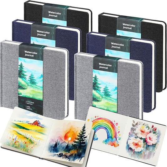 Mooliwe 6 Pcs Watercolor Sketchbook Journal Small Paper Watercolor Journal Bulk for Painting 300 GSM 140 LB Cotton Cold Press for Gifts(5.5" X 5.5",Classic Color)
