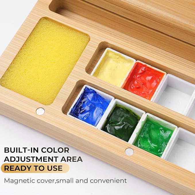Travel Watercolor Palette Box, Fuumuui Burlywood Palette Kit with Cover, 12 Empty Removable Half-pan Grids, Dual Tip Travel Brushes, for Watercolor Gouache Color Mixing, Pure White Palette