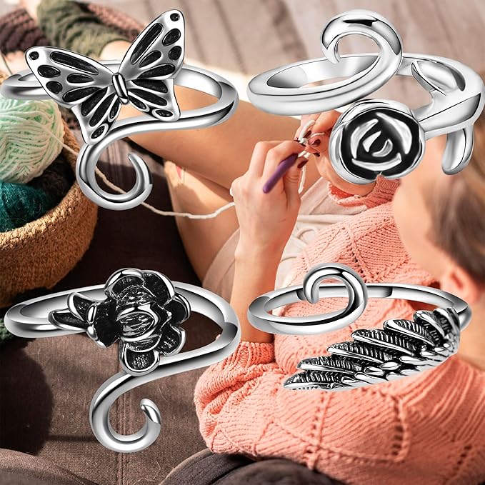 4 Pieces Crochet Ring for Finger Adjustable Yarn Tension Rings for Crocheting Yarn Guide Knitting Rings Crochet Tools