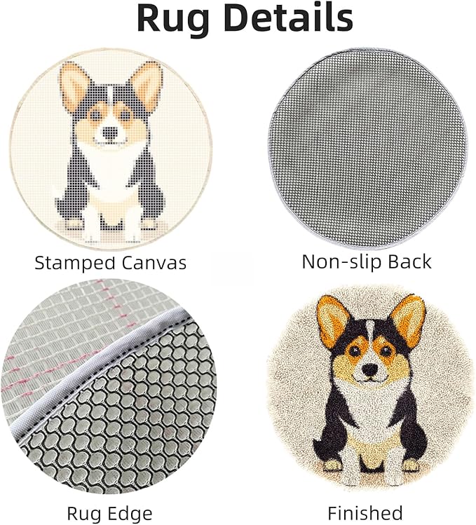 Latch Hook Rug Kit Cute Corgi Dog Stamped Handmade Round Shape Carpet Crochet Yarn Craft DIY Hook and Latch Door Mat Tapestry for Home Floor Decor 50x50cm(4)