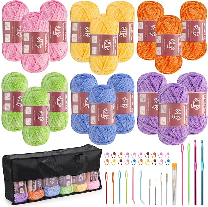 LUNARM 18 Skeins Chenille Yarn for Crocheting, Handmake Weaving Thick Soft Chunky Yarn for Blankets Clothes Crochet Craft with Crochet Hooks Needles Stitch Markers,3.53oz/Skein(Macaron Series)