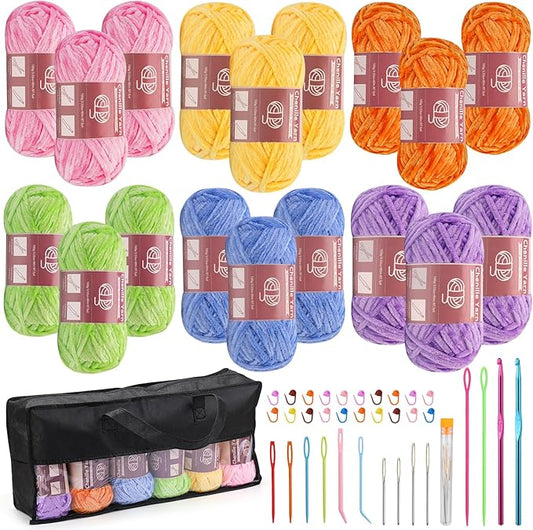 LUNARM 18 Skeins Chenille Yarn for Crocheting, Handmake Weaving Thick Soft Chunky Yarn for Blankets Clothes Crochet Craft with Crochet Hooks Needles Stitch Markers,3.53oz/Skein(Macaron Series)