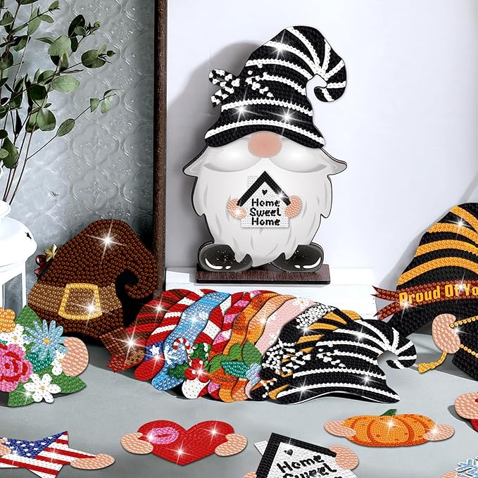 Juexica 32 Pcs Christmas Magnetic Diamond Painting Gnome Sign Art Decor Interchangeable Standing Posture DIY Seasonal Holiday Gifts Tiered Tray with Magnet Pieces for Home Office Desk(Adorable)