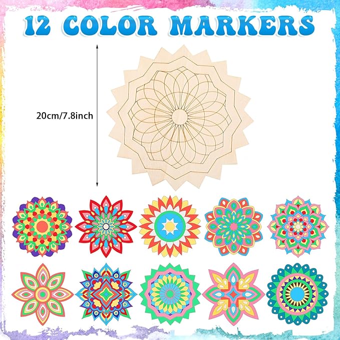 22 Pcs Wooden Mandala Painting Set 10 Mandala Unfinished Wood Cutouts with 12 Markers for Crafts Diwali Craft Wood Slices for Adults Painting DIY Tags Wedding Home Decors(Artsy Style)