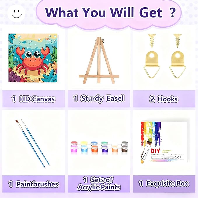 Gemozaic Paint by Numbers Kit for Kids with Frame and Easel, Cute Crab Kids Paint by Number on Canvas for Age 4-8, 8x8 Inch