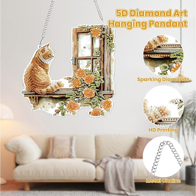 MOGTAA Cat Diamond Art Hanging Pendant Kits, 5D Special Shape Diamond Art Kits for Adults, Crystal Rhinestones Flowers Landscape Diamond Painting Gem Art for Home Garden Wall Decor