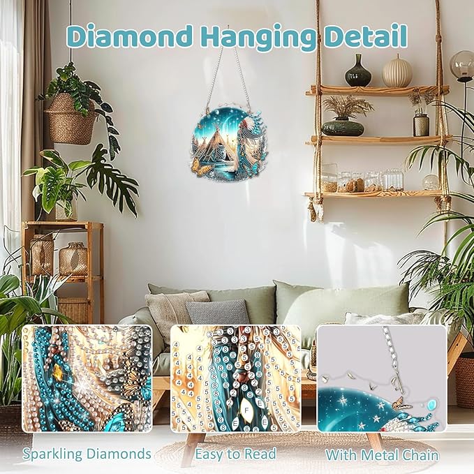 MEIYUDA Native American Diamond Art Hanging Kits for Adult, Landscape Wolf Diamond Painting Hanging Kits Ornaments, DIY Special Shaped Rhinestone Window Pendants Kit for Home Garden Wall Decor Gift
