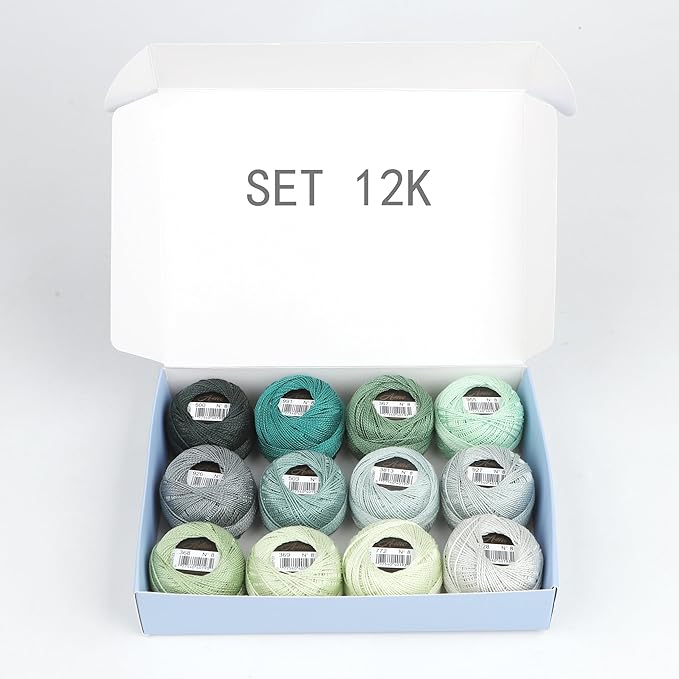 Size 8 Double Mercerized Egyptian Long Staple Cotton Pearl Thread 12 Gradient Colors per Box 5 Grams Ball Rainbow Color Embroidery Thread for Crochet Cross Stitch Hand Embroidery (12K)