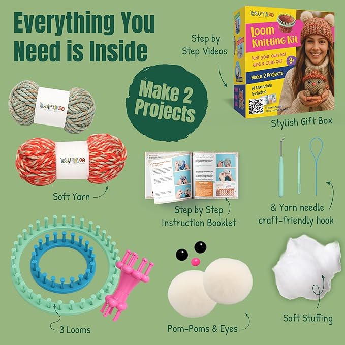 craftiloo knitting kit for kids – beginner knitting kit to make a hat & cat – quick knit loom kit with yarn, tools & instructions