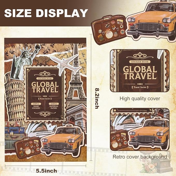 Scrapbook Stickers - 300 Pre-Cut Washi Stickers & 20 Scrapbook Papers for Travel Journaling
