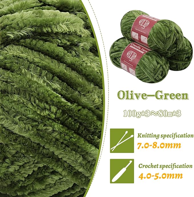 LUNARM Chenille Yarn for Crocheting Knitting, 3 Skein 263 Yard Thick Soft Chunky Fluffy Weaving Plush Yarn for Blankets Clothes Pattern Creations with Big Eye Needles (Olive-Green)