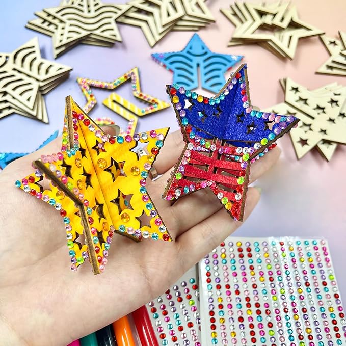 KitsyKraft 32-Piece Wooden 3D Star Crafts Kit – 16 Pair Star-Themed DIY Wooden Blank Ornaments with 2 Diamond Stickers, Unfinished Wood Cutouts for Home Decor or Creative Projects