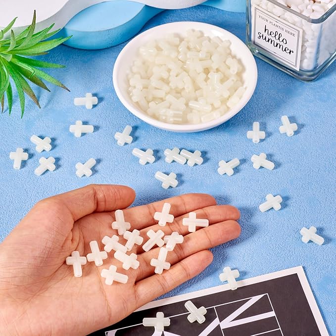 FASHEWELRY 100Pcs Acrylic Cross Beads for DIY Jewelry Making - Glow in The Dark Luminous Crucifix Rosary Spacer Easter Beads for Necklace Bracelet Earring