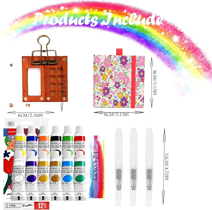 Pocket Wooden Paint Palette with Metal Clip, Water Colour Paints Sets with Sketchbook & Water Pen for Painters,Artists,Beginner (Rose-12 Colors, S-8 Grids)