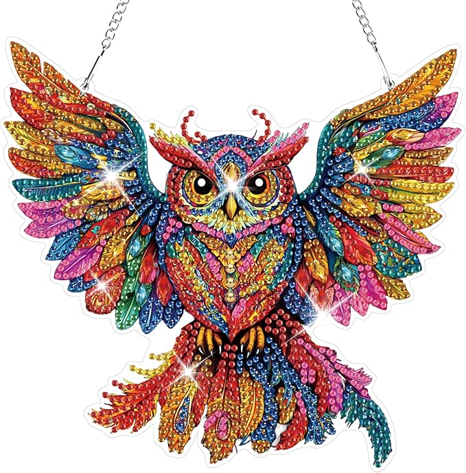 HEIBAGO Owl Hanging Diamond Art Kits for Adults, Special Shaped Crystal Diamond Painting Ornament Kit, DIY Double-Sided Pattern Window Pendant Gem Art Kit for Home Wall Decor 8.3x8.3inch