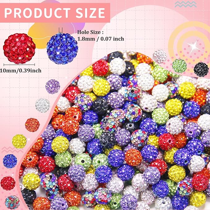 200 Pcs 10mm Rhinestone Beads for Jewelry Making, Rainbow Shiny Round Shamballa Disco Baseball Necklace Beads Sparkle Crystal Clay Pave Rhinestones Bead for Bracelet Earring Keychain Making Supplies