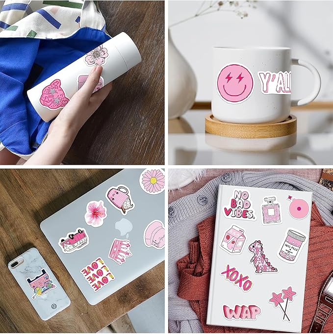 102 pcs preppy stickers vinyl aesthetic waterproof stickers adorable decor supplies pink party suitable for mobile phone computer skateboard water bottle suitcase car etc