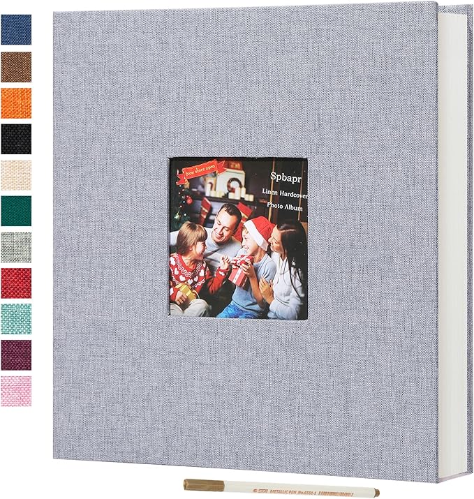 Spbapr Large Photo Album Self Adhesive 4x6 5x7 8x10 10x12 Pictures Magnetic Scrapbook 40 Blank Pages Linen Cover DIY Album with A Metal Pen Light Gray