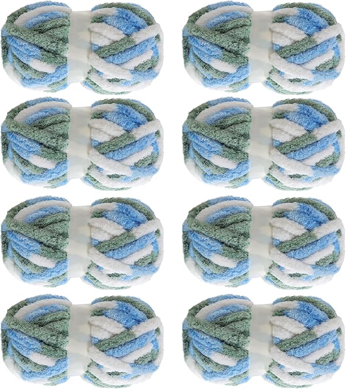 MABOZOO Tie Dye Chunky Yarn for Crocheting 8 Pack,Blue Fluffy Jumbo Chenille Yarn,Soft Plush Yarn Bulky,Giant Thick Fuzzy Yarn for Hand Knitting or Arm Knitting (31.7 yds,8 oz Each Skein)