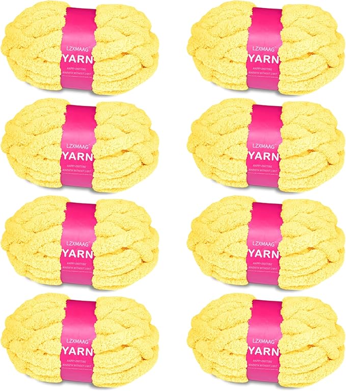 Chunky Yarn for Hand Knitting and Blankets – Super Soft Jumbo Chenille Yarn Pack for Crocheting, Bulky DIY Projects, 8 Skeins(Buttercup)