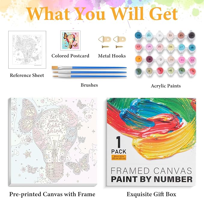 Framed Paint by Numbers Kit for Adults Beginner Light, Adult Paint by Number Kits on Canvas Framed Flower, DIY Acrylic Oil Painting by Numbers with Frame, Perfect for Home Decor Gift 10 X 10 Inch