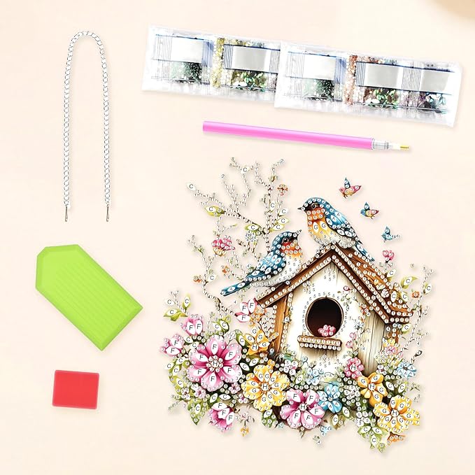 Lxmsja DIY Colorful Birdhouse Diamond Painting Hanging Ornament, Double-Sided Acrylic Flowers Branches Diamond Art Kit, Special Shaped Suncatcher Hanging Pendant Window Art Kit 8x7 inch