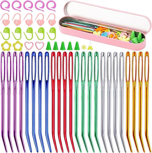 50 Pcs Yarn Needles, Darning Tapestry Needles Bent Kit, 24 Pcs Large Eye Weaving Crochet Blunt Yarn Needle for Yarn, Crocheting, Weaving with Stitch Markers Storage Box