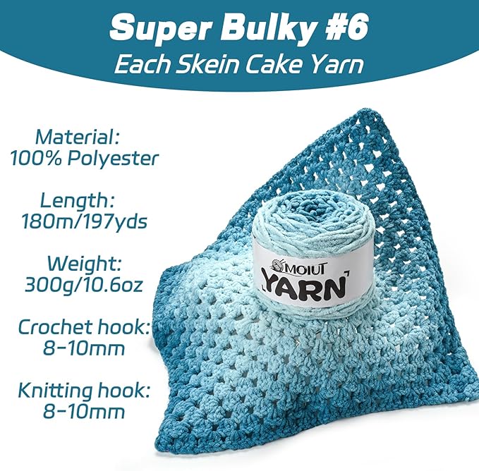 Blanket Perfect Ombre Cake Yarn - Baby Yarn for Crocheting Soft - 3 Pack of 10.6oz/300g - #6 Super Bulky - 197 Yards for Knitting, Crafts & Amigurumi, Chunky Chenille Yarn(3 ICY Blue)