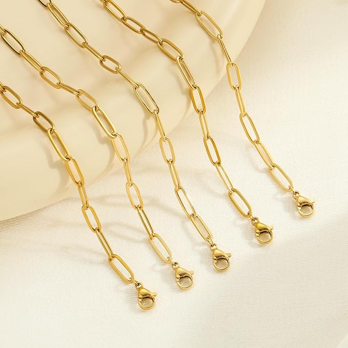 Swyabi 10 PCS Stainless Steel Bracelet Chains for Jewelry Making 6.5Inch Gold Plated Paperclip Chain Bulk with Extender