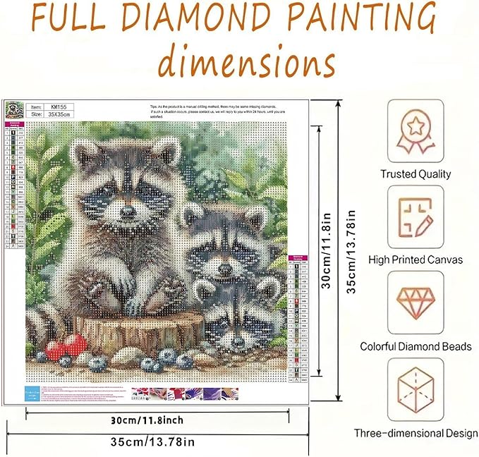 BYGFHLYW 5D Animals Diamond Painting Kits for Adults, Raccoon Family Diamond Art Kits for Adults Beginner, DIY Full Drill Diamond Dot Gem Painting for Home Wall Decor 13.78x13.78inch